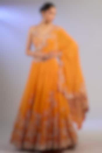 Orange Organza & Satin Hand Embroidered Reception Lehenga Saree Set by Nupur Kanoi at Pernia's Pop Up Shop