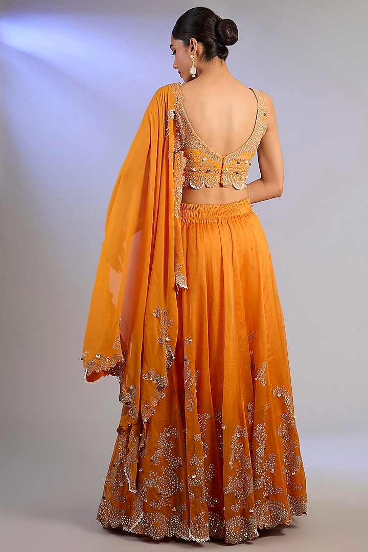Orange Organza & Satin Hand Embroidered Reception Lehenga Saree Set by Nupur Kanoi at Pernia's Pop Up Shop
