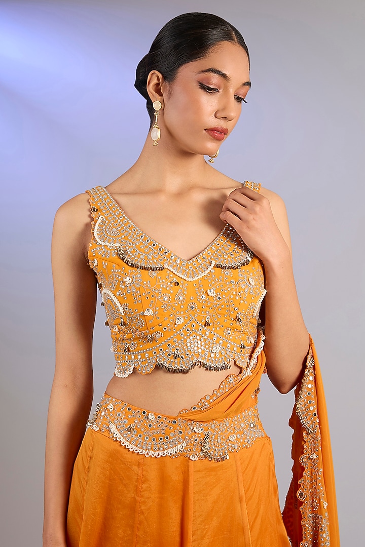Orange Organza & Satin Hand Embroidered Reception Lehenga Saree Set by Nupur Kanoi at Pernia's Pop Up Shop