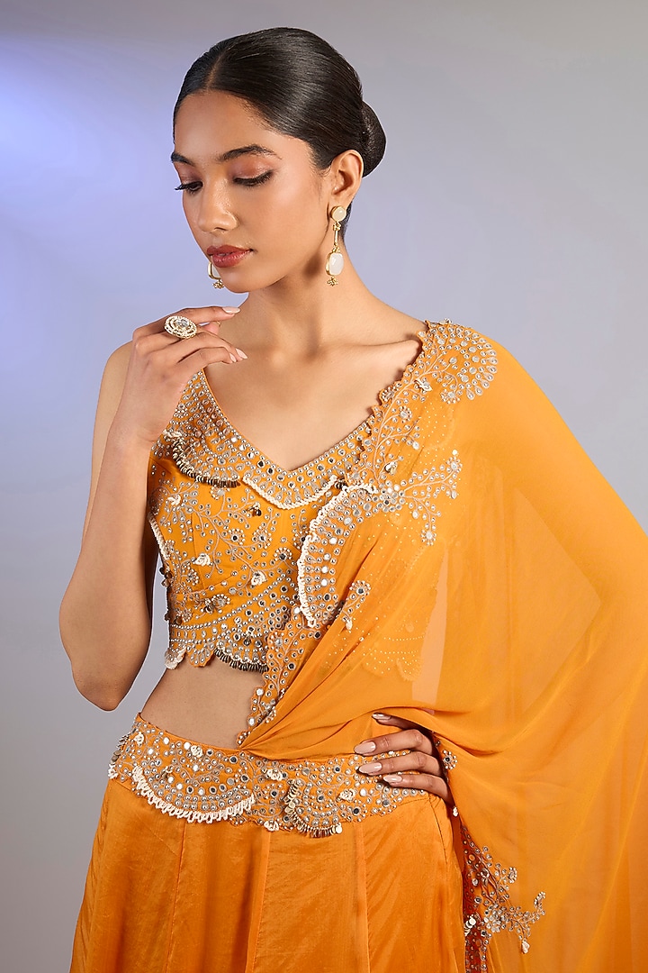 Orange Organza & Satin Hand Embroidered Reception Lehenga Saree Set by Nupur Kanoi at Pernia's Pop Up Shop