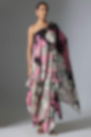 Old Rose Satin & Lycra Printed One-Shoulder Cape Set by Nupur Kanoi at Pernia's Pop Up Shop