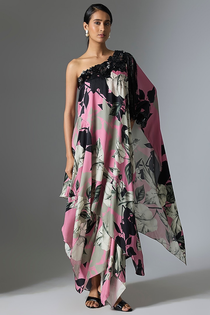 Old Rose Satin & Lycra Printed One-Shoulder Cape Set by Nupur Kanoi at Pernia's Pop Up Shop
