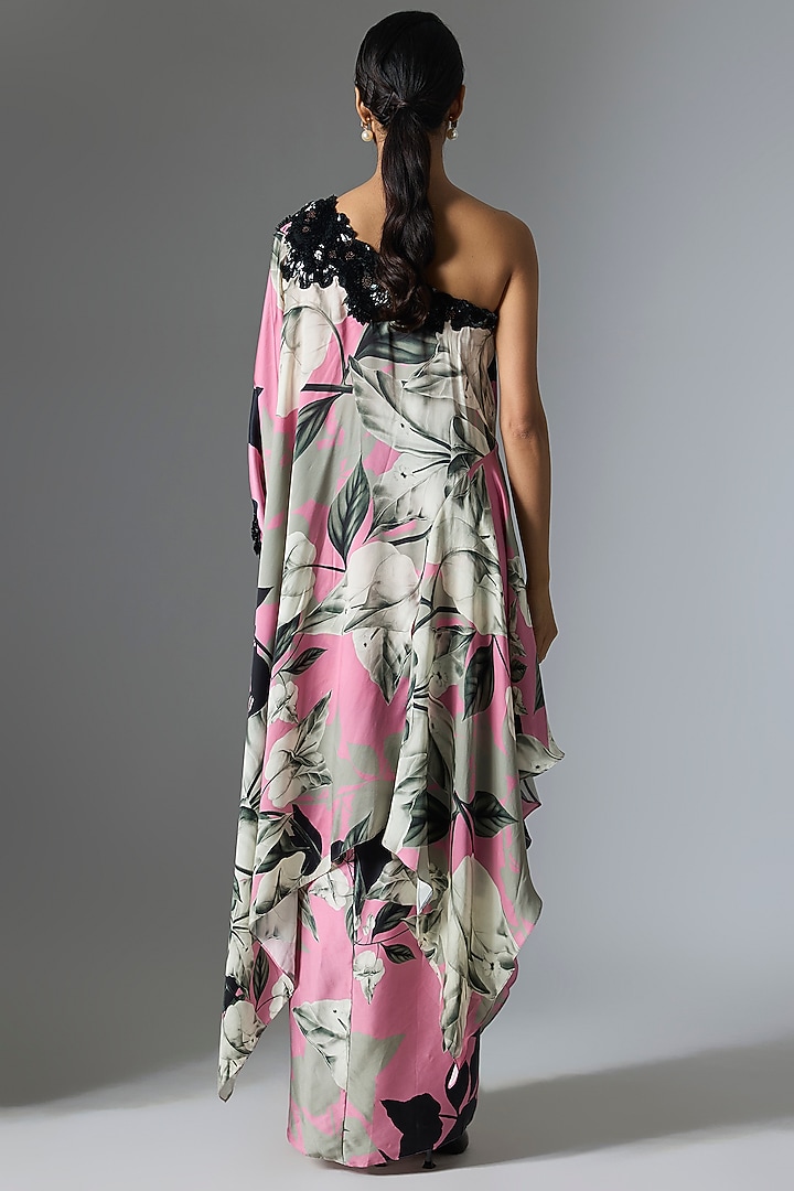 Old Rose Satin & Lycra Printed One-Shoulder Cape Set by Nupur Kanoi at Pernia's Pop Up Shop