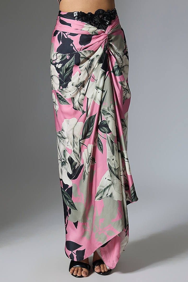 Old Rose Satin & Lycra Printed One-Shoulder Cape Set by Nupur Kanoi at Pernia's Pop Up Shop
