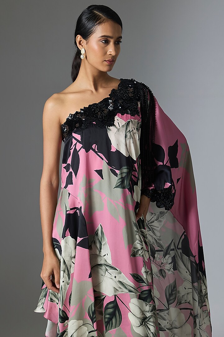 Old Rose Satin & Lycra Printed One-Shoulder Cape Set by Nupur Kanoi at Pernia's Pop Up Shop