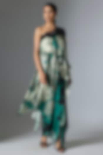 Teal Satin & Lycra Printed One-Shoulder Cape Set by Nupur Kanoi at Pernia's Pop Up Shop