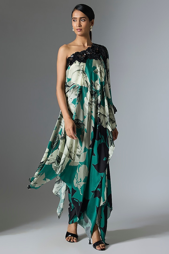 Teal Satin & Lycra Printed One-Shoulder Cape Set by Nupur Kanoi at Pernia's Pop Up Shop