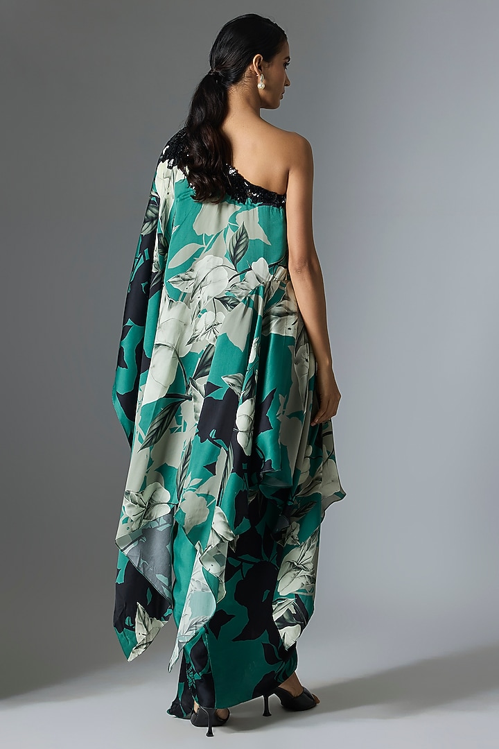 Teal Satin & Lycra Printed One-Shoulder Cape Set by Nupur Kanoi at Pernia's Pop Up Shop