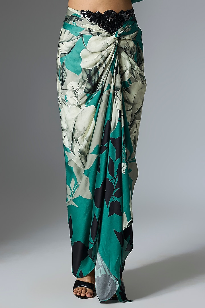 Teal Satin & Lycra Printed One-Shoulder Cape Set by Nupur Kanoi at Pernia's Pop Up Shop