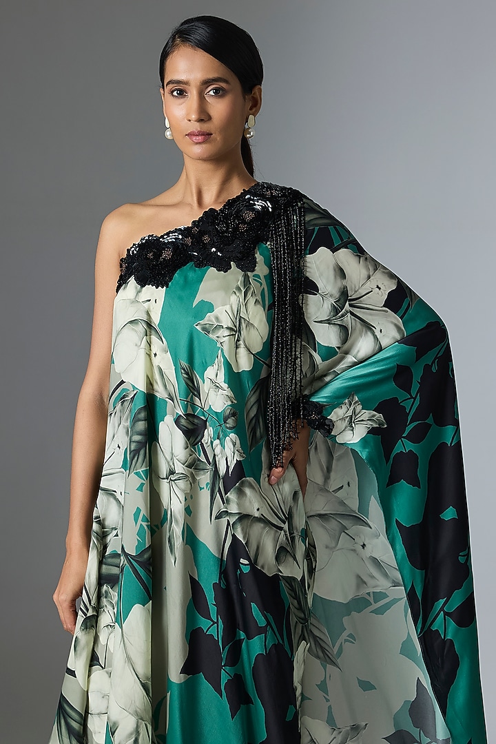 Teal Satin & Lycra Printed One-Shoulder Cape Set by Nupur Kanoi at Pernia's Pop Up Shop