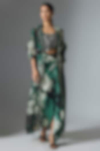 Teal Organza Printed Cape Set by Nupur Kanoi at Pernia's Pop Up Shop