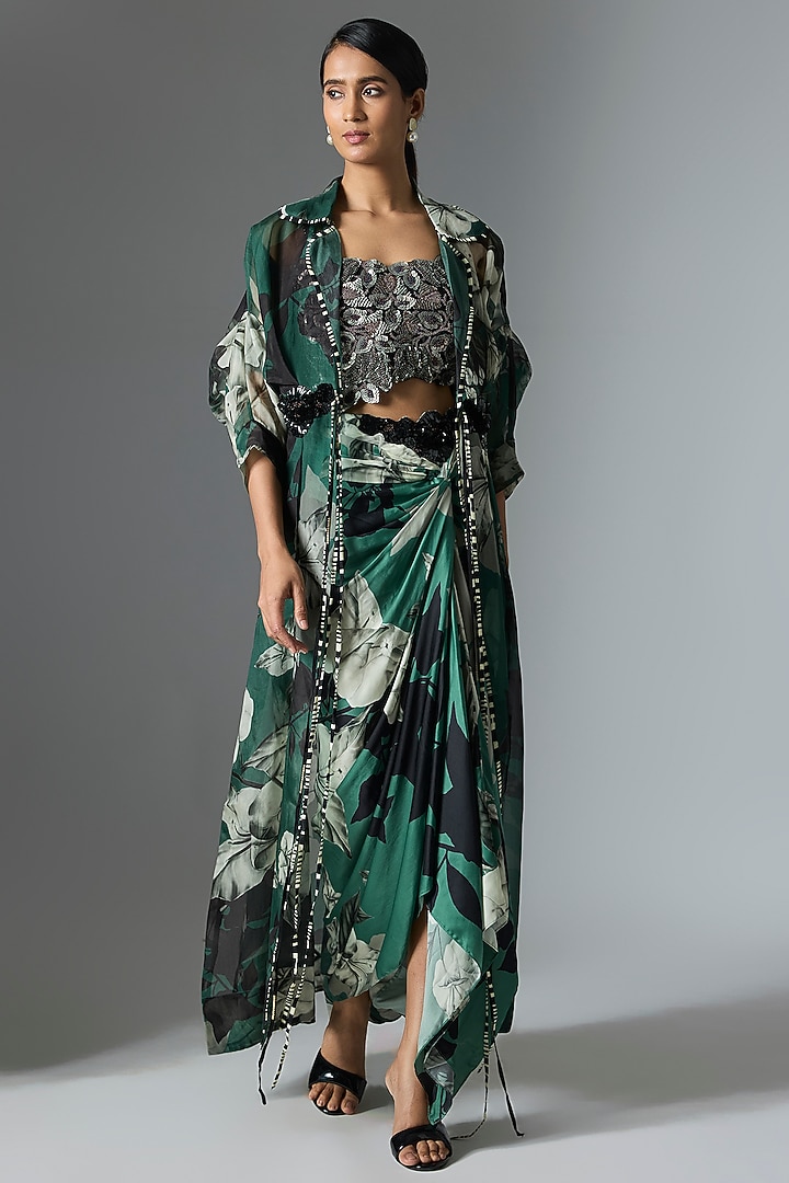 Teal Organza Printed Cape Set by Nupur Kanoi at Pernia's Pop Up Shop