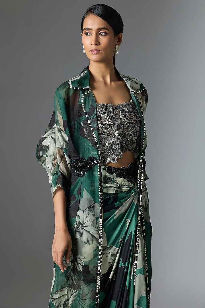 Teal Organza Printed Cape Set by Nupur Kanoi at Pernia's Pop Up Shop