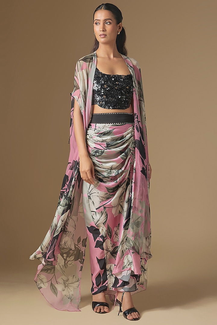 Old Rose & Black Crepe Digital Printed Cape Set by Nupur Kanoi at Pernia's Pop Up Shop
