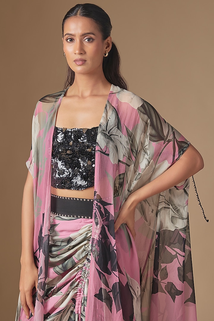 Old Rose & Black Crepe Digital Printed Cape Set by Nupur Kanoi at Pernia's Pop Up Shop