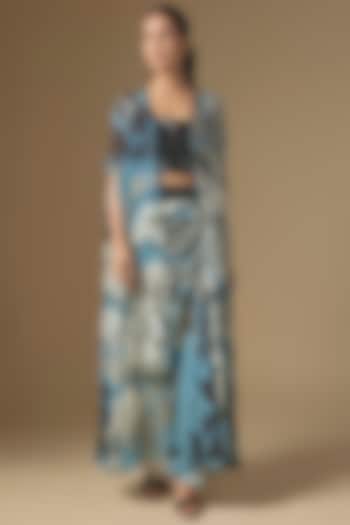 Sky Blue & Black Crepe Digital Printed Cape Set by Nupur Kanoi at Pernia's Pop Up Shop