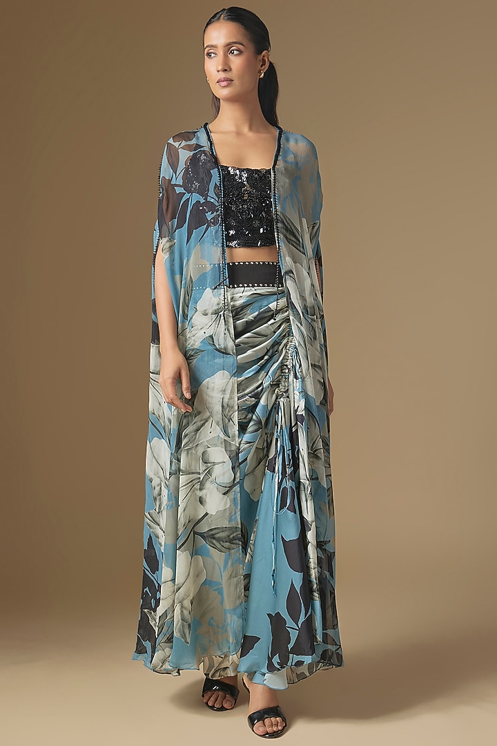 Sky Blue & Black Crepe Digital Printed Cape Set by Nupur Kanoi at Pernia's Pop Up Shop