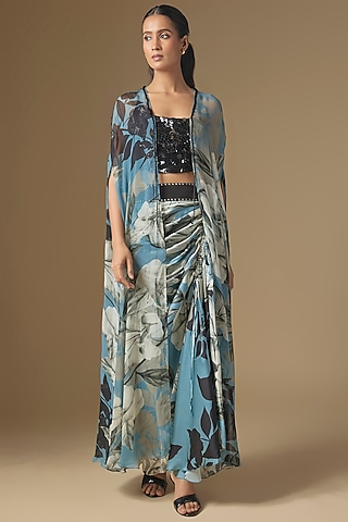 Sky Blue & Black Crepe Digital Printed Cape Set by Nupur Kanoi