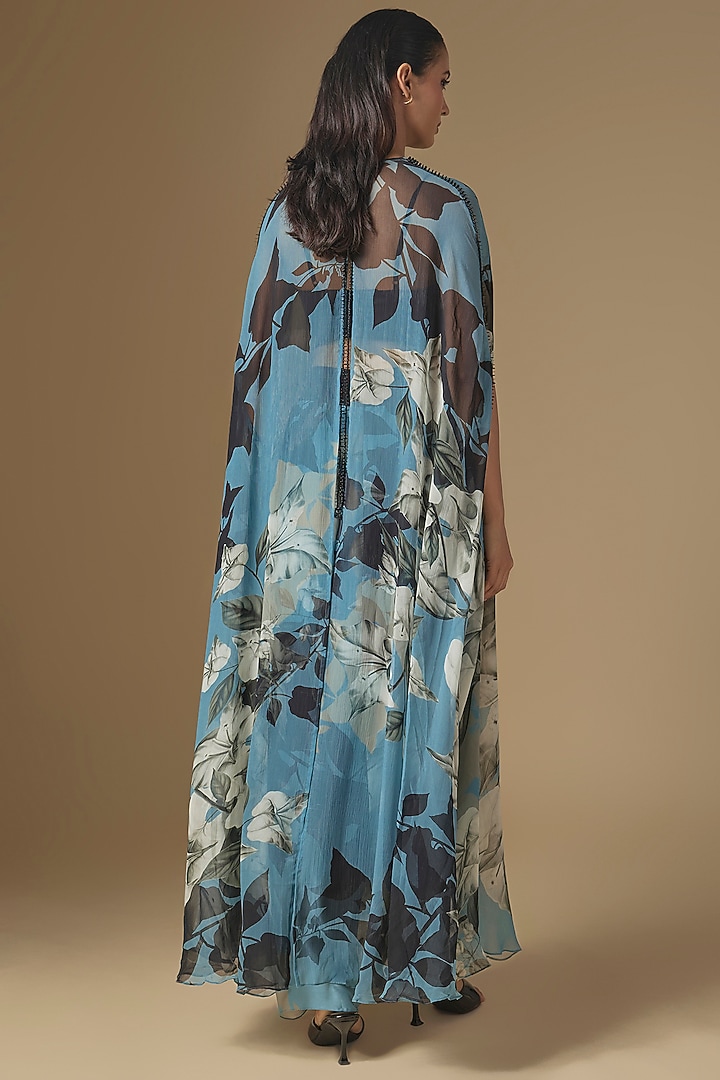 Sky Blue & Black Crepe Digital Printed Cape Set by Nupur Kanoi at Pernia's Pop Up Shop