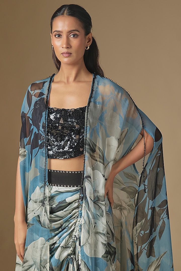 Sky Blue & Black Crepe Digital Printed Cape Set by Nupur Kanoi at Pernia's Pop Up Shop