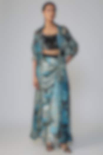 Blue & Black Satin Printed Skirt Set by Nupur Kanoi at Pernia's Pop Up Shop