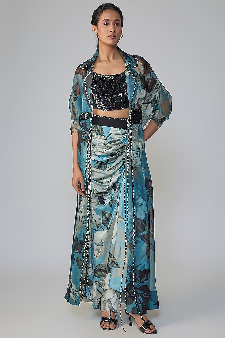 Blue & Black Satin Printed Skirt Set by Nupur Kanoi at Pernia's Pop Up Shop