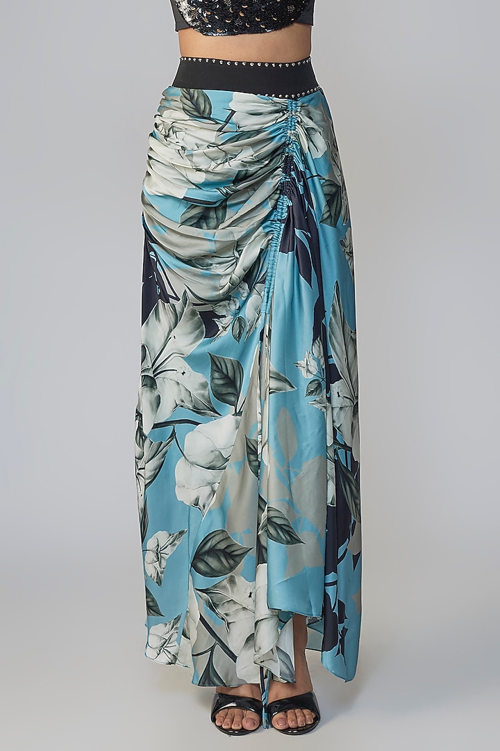 Blue & Black Satin Printed Skirt Set by Nupur Kanoi at Pernia's Pop Up Shop