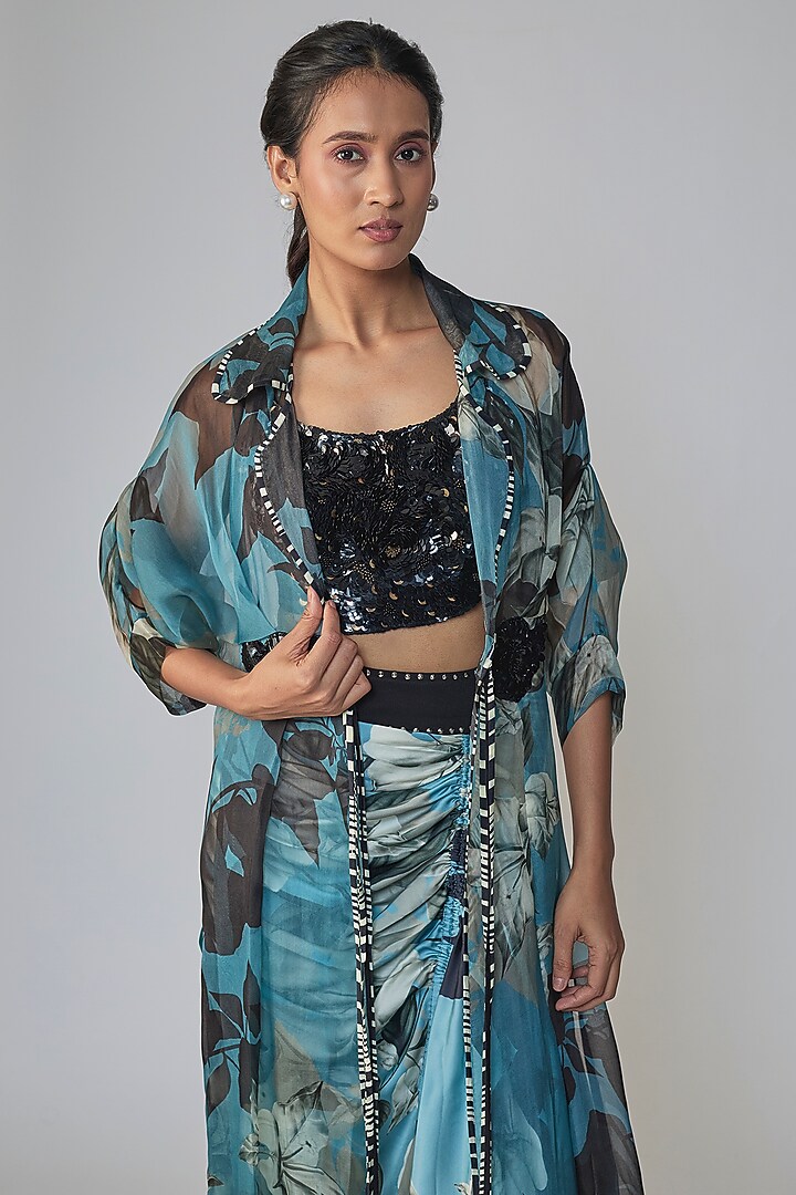 Blue & Black Satin Printed Skirt Set by Nupur Kanoi at Pernia's Pop Up Shop