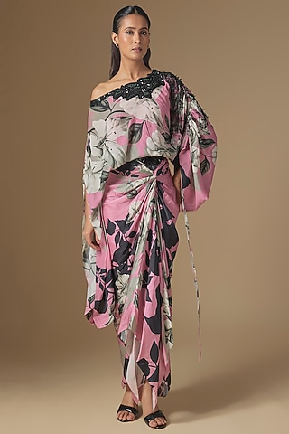 Old Rose Crepe & Satin Digital Printed Skirt Set by Nupur Kanoi