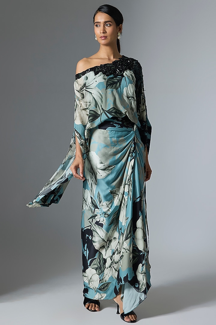 Sky Blue Crepe & Satin Printed Skirt Set by Nupur Kanoi at Pernia's Pop Up Shop