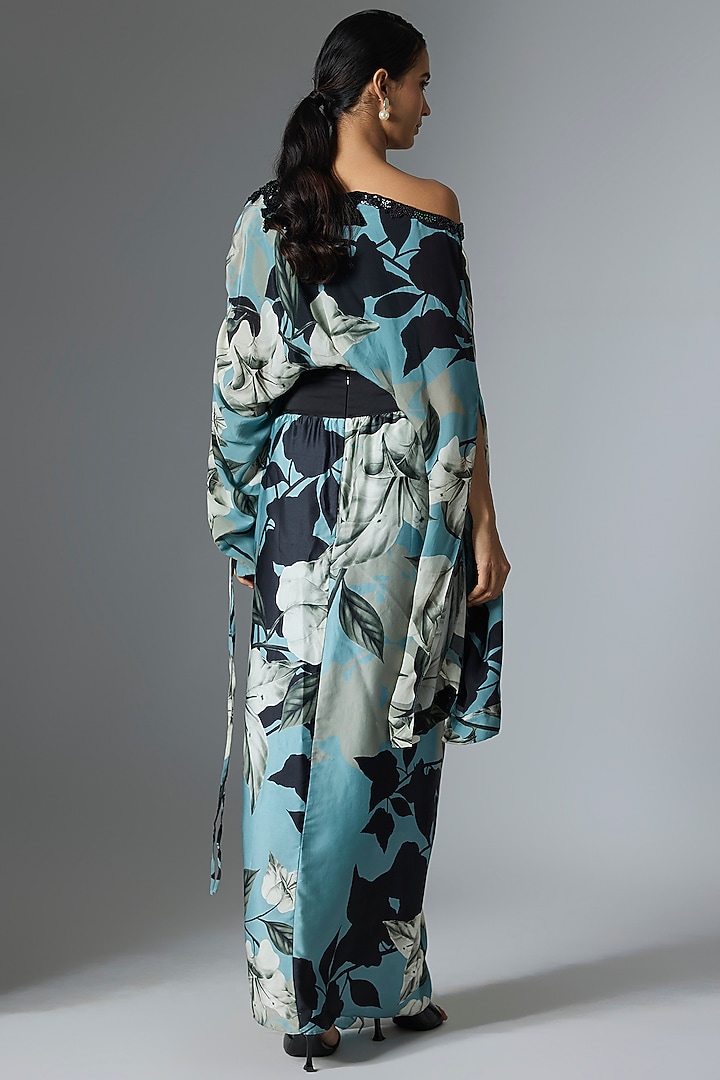 Sky Blue Crepe & Satin Printed Skirt Set by Nupur Kanoi at Pernia's Pop Up Shop