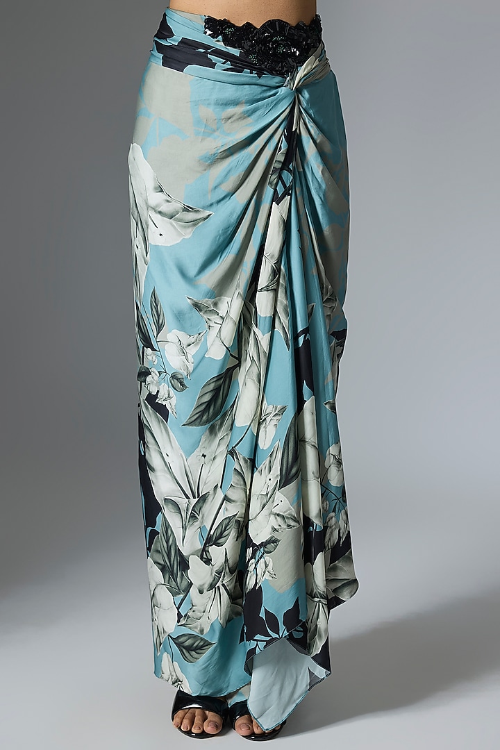 Sky Blue Crepe & Satin Printed Skirt Set by Nupur Kanoi at Pernia's Pop Up Shop