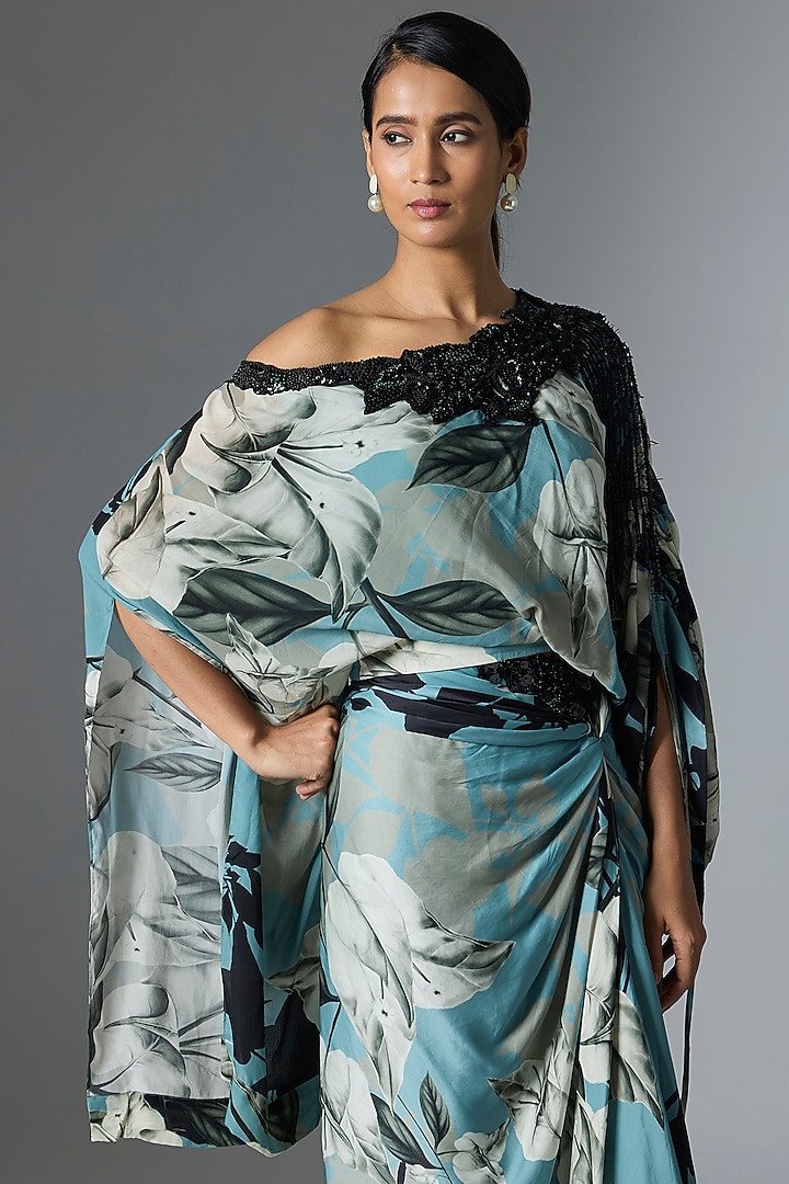 Sky Blue Crepe & Satin Printed Skirt Set by Nupur Kanoi at Pernia's Pop Up Shop