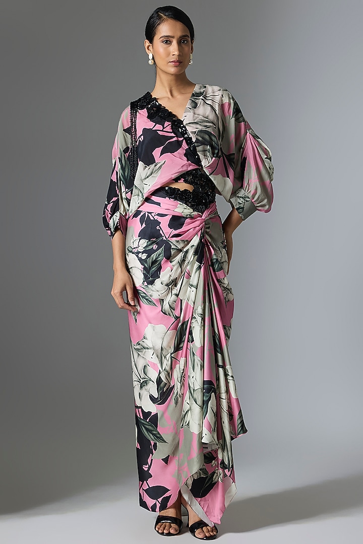 Old Rose Crepe & Satin Printed Skirt Set by Nupur Kanoi at Pernia's Pop Up Shop