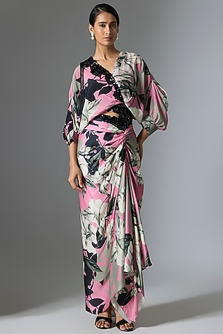Old Rose Crepe & Satin Printed Skirt Set by Nupur Kanoi