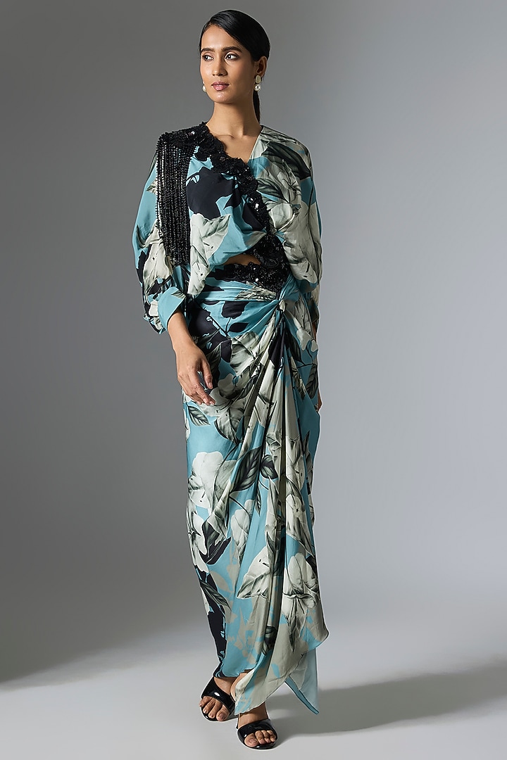 Sky Blue Crepe & Satin Printed Skirt Set by Nupur Kanoi at Pernia's Pop Up Shop