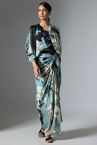 Sky Blue Crepe & Satin Printed Skirt Set by Nupur Kanoi