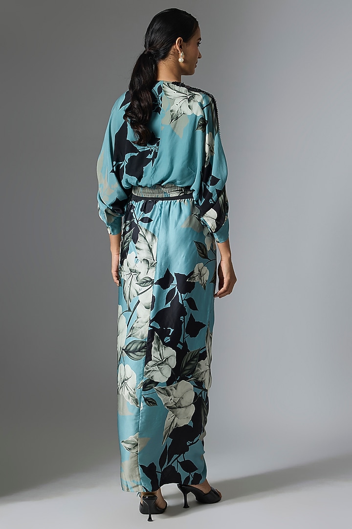 Sky Blue Crepe & Satin Printed Skirt Set by Nupur Kanoi at Pernia's Pop Up Shop