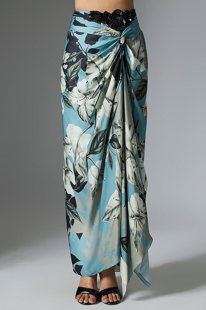Sky Blue Crepe & Satin Printed Skirt Set by Nupur Kanoi at Pernia's Pop Up Shop
