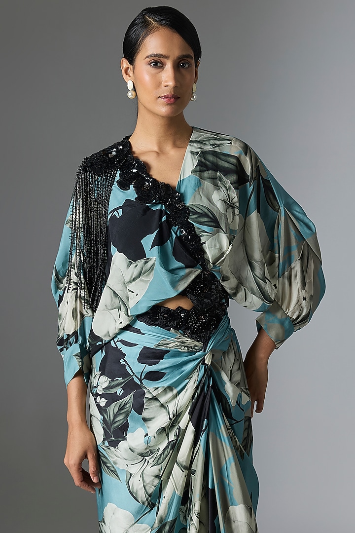 Sky Blue Crepe & Satin Printed Skirt Set by Nupur Kanoi at Pernia's Pop Up Shop
