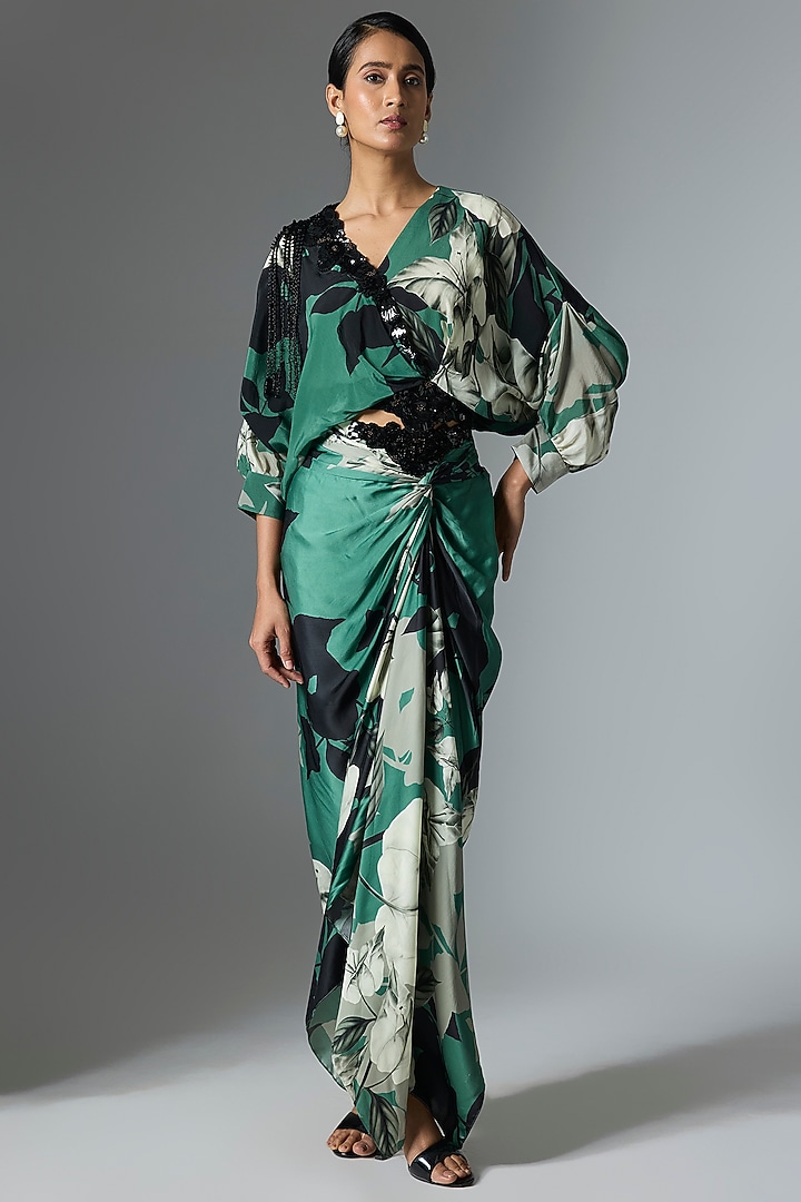 Teal Crepe & Satin Printed Skirt Set by Nupur Kanoi at Pernia's Pop Up Shop