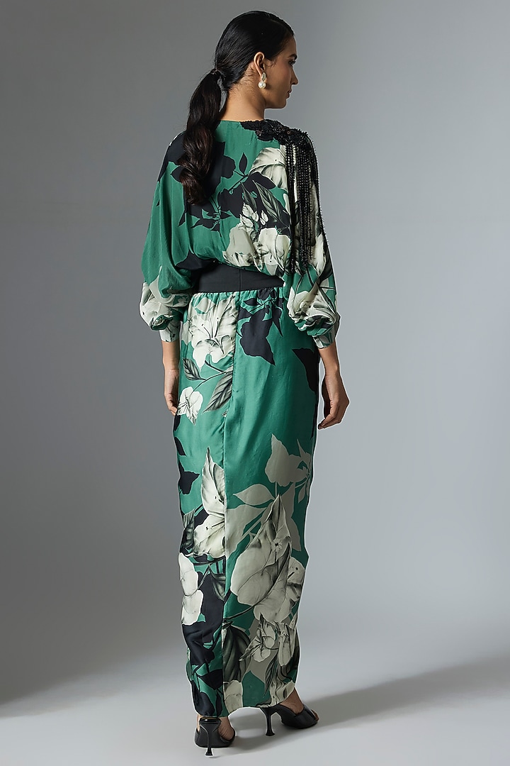 Teal Crepe & Satin Printed Skirt Set by Nupur Kanoi at Pernia's Pop Up Shop