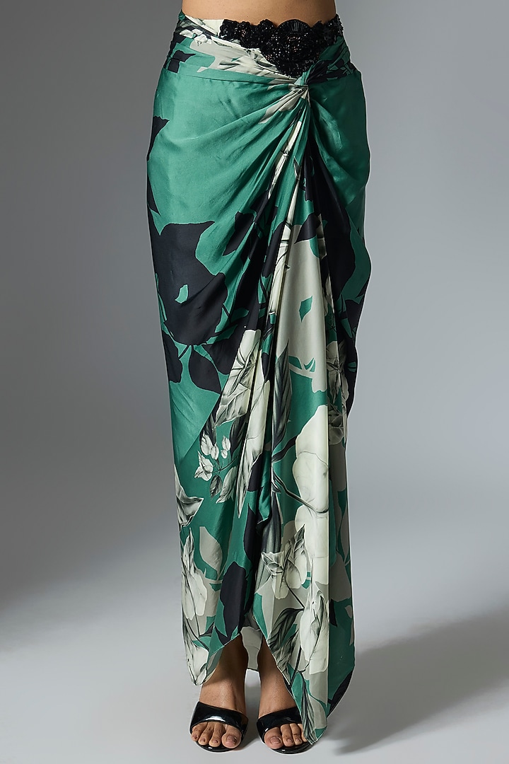 Teal Crepe & Satin Printed Skirt Set by Nupur Kanoi at Pernia's Pop Up Shop
