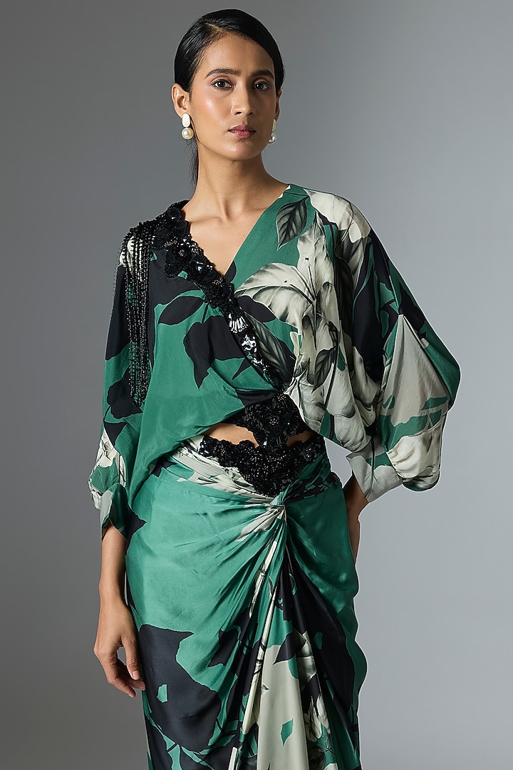 Teal Crepe & Satin Printed Skirt Set by Nupur Kanoi at Pernia's Pop Up Shop