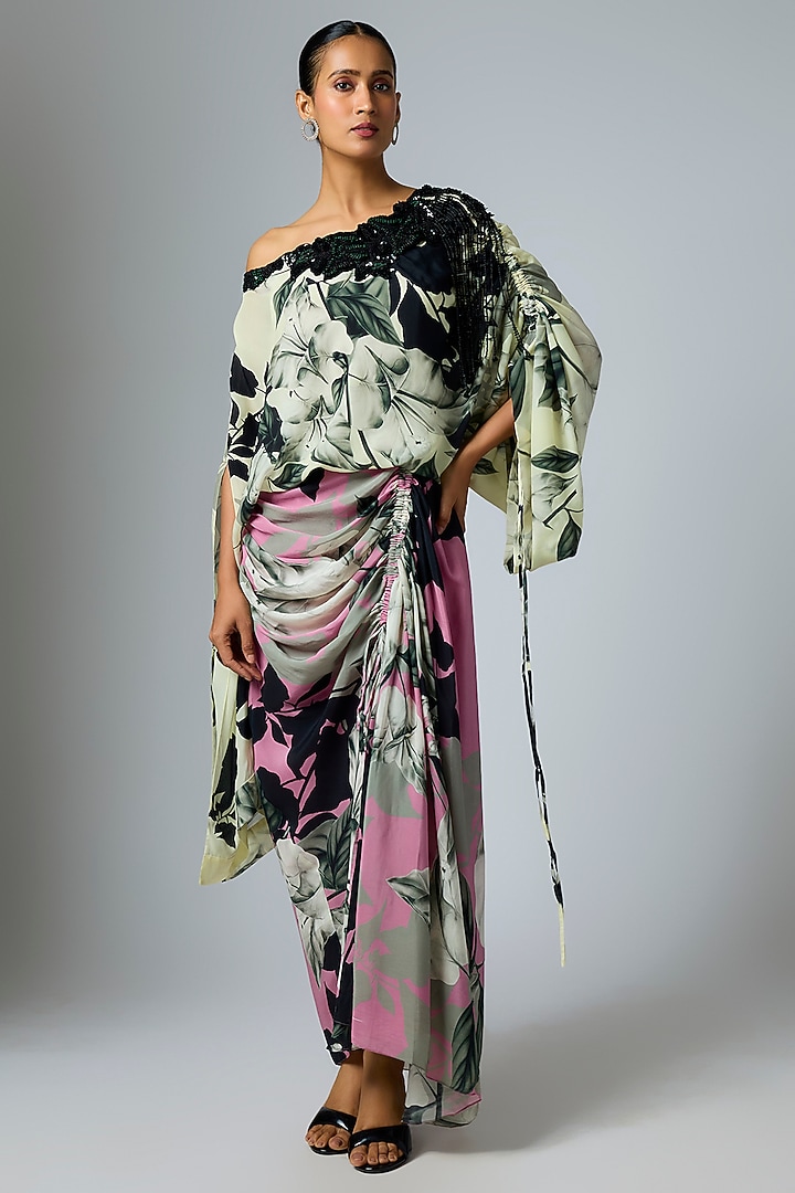 Old Rose & Off-White Crepe Printed Cocktail Dress by Nupur Kanoi at Pernia's Pop Up Shop