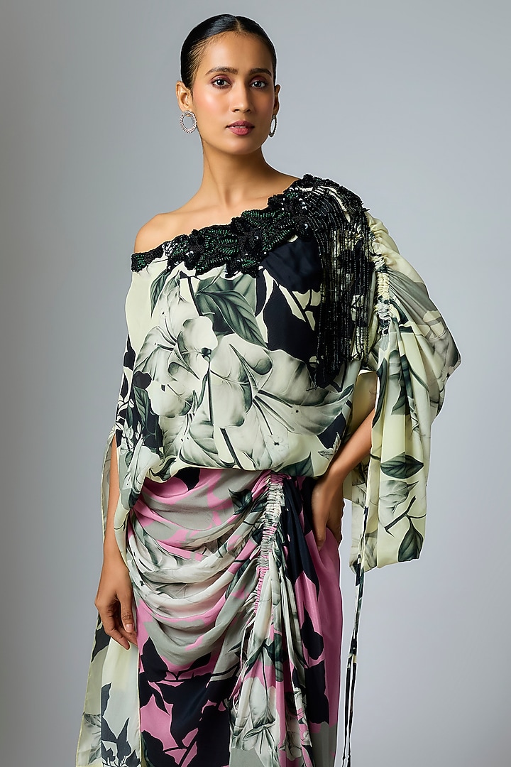 Old Rose & Off-White Crepe Printed Cocktail Dress by Nupur Kanoi at Pernia's Pop Up Shop