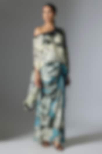 Off-White & Sky Blue Crepe Printed Cocktail Dress by Nupur Kanoi at Pernia's Pop Up Shop