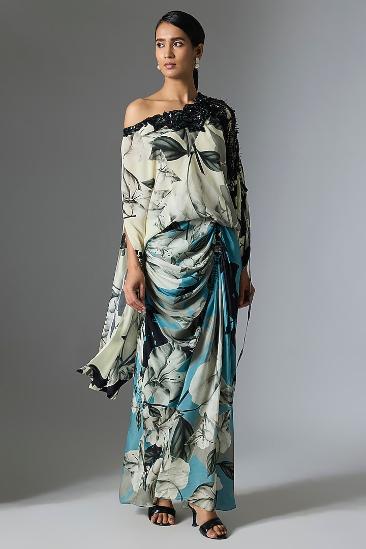 Off-White & Sky Blue Crepe Printed Cocktail Dress by Nupur Kanoi at Pernia's Pop Up Shop