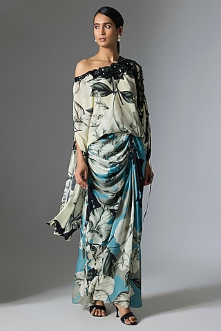 Off-White & Sky Blue Crepe Printed Dress by Nupur Kanoi