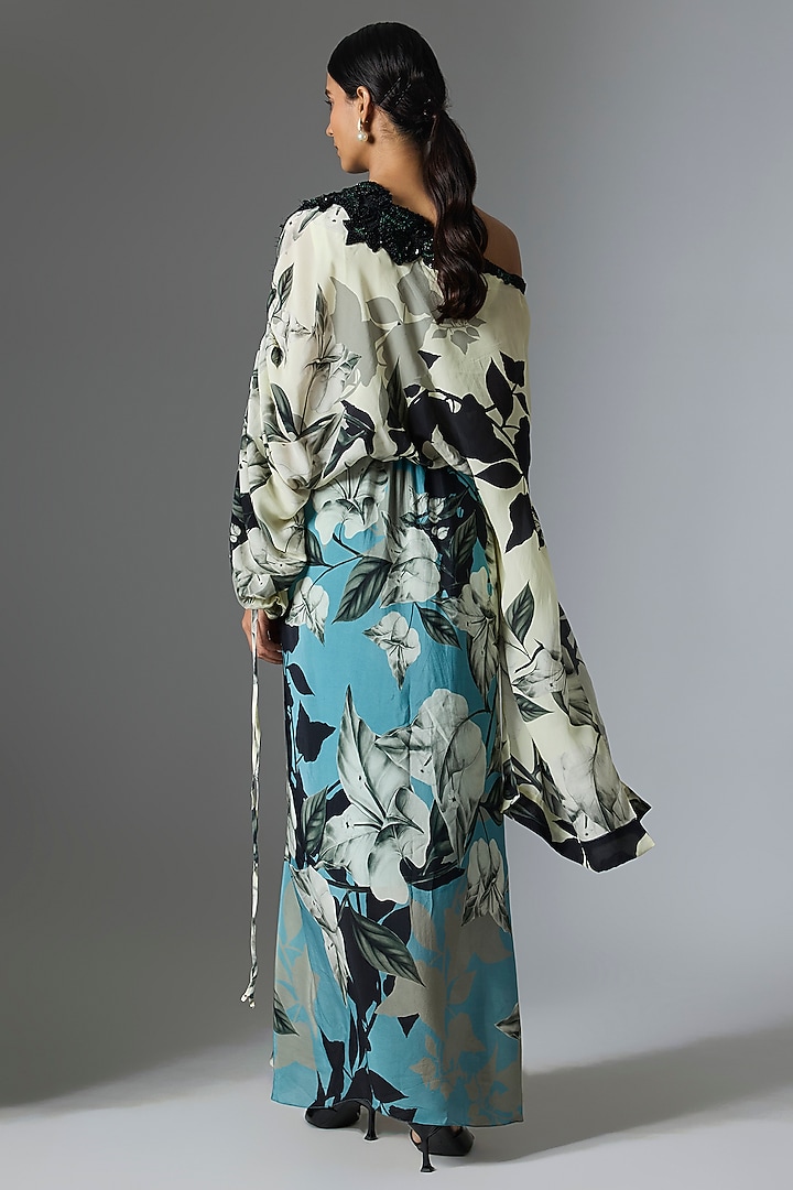 Off-White & Sky Blue Crepe Printed Cocktail Dress by Nupur Kanoi at Pernia's Pop Up Shop